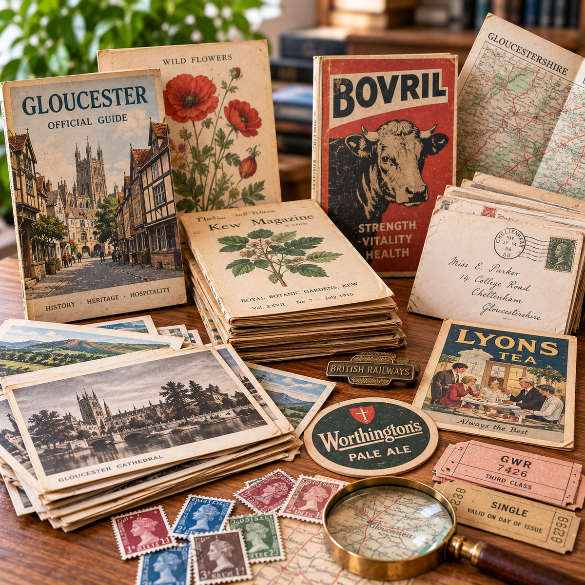 Vintage postcards, photographs, stamps, tickets and paper ephemera arranged in a nostalgic tabletop display.