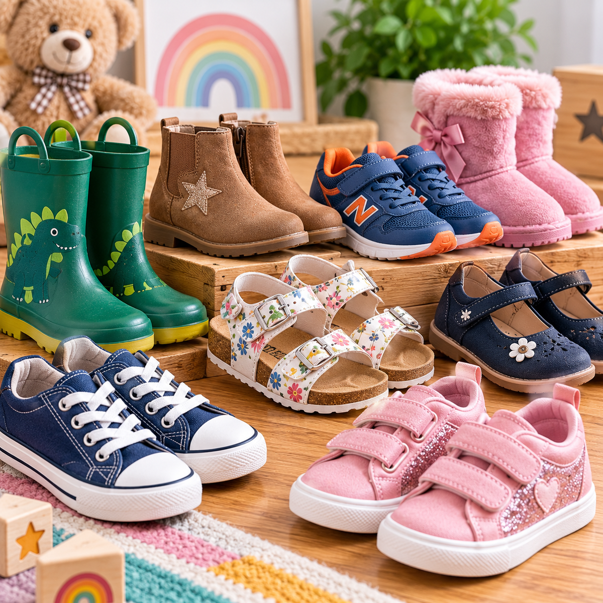 Preloved children’s shoes including trainers, boots, sandals, wellies and smart shoes displayed in a bright children’s setting.