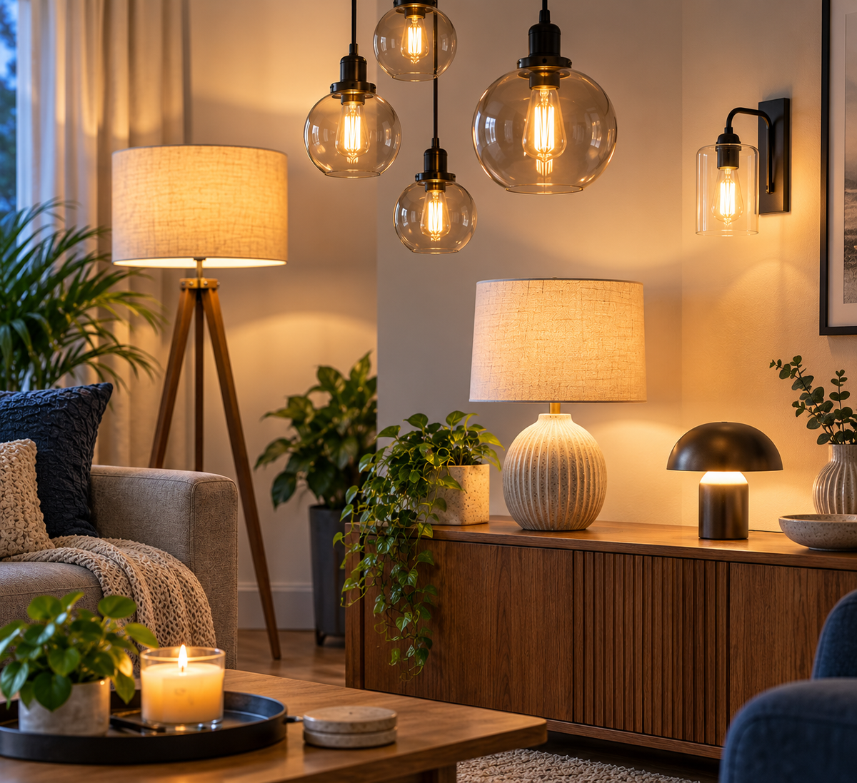 Preloved table and floor lamps displayed in a warm Scandinavian-inspired interior.