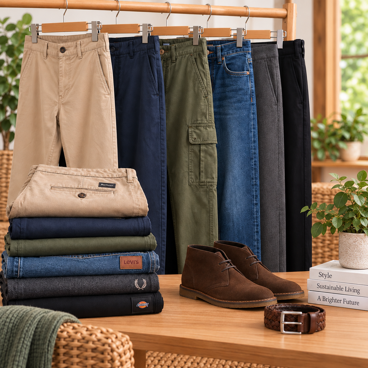 Preloved men’s trousers arranged in a warm, contemporary fashion setting.