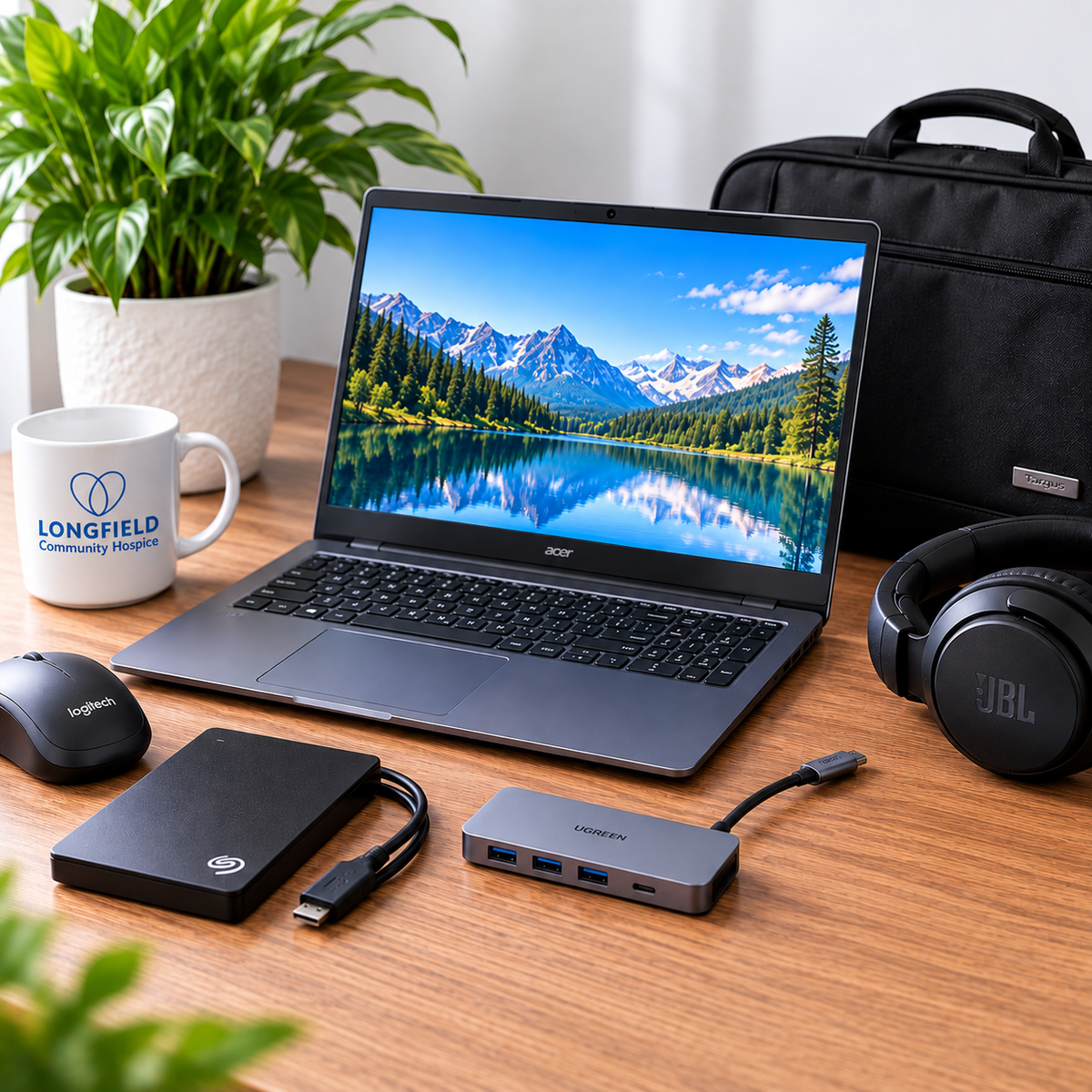 Preloved laptop computer and accessories arranged in a modern workspace.