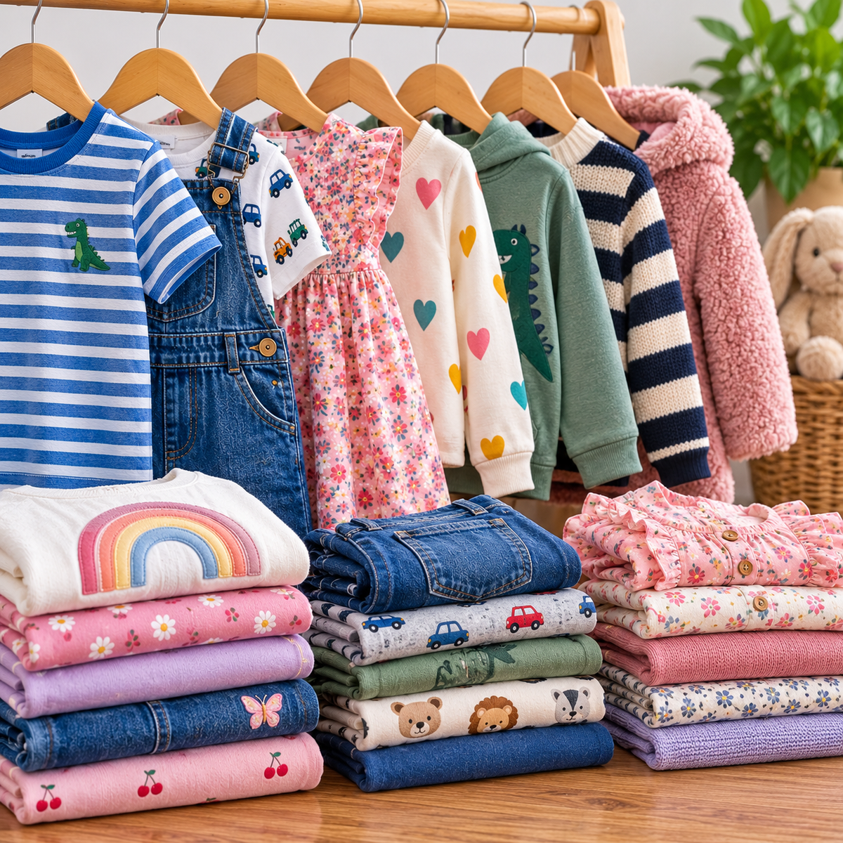 Preloved children’s clothes including dresses, tops, knitwear, denim, hoodies and coats displayed in a colourful children’s wardrobe setting.