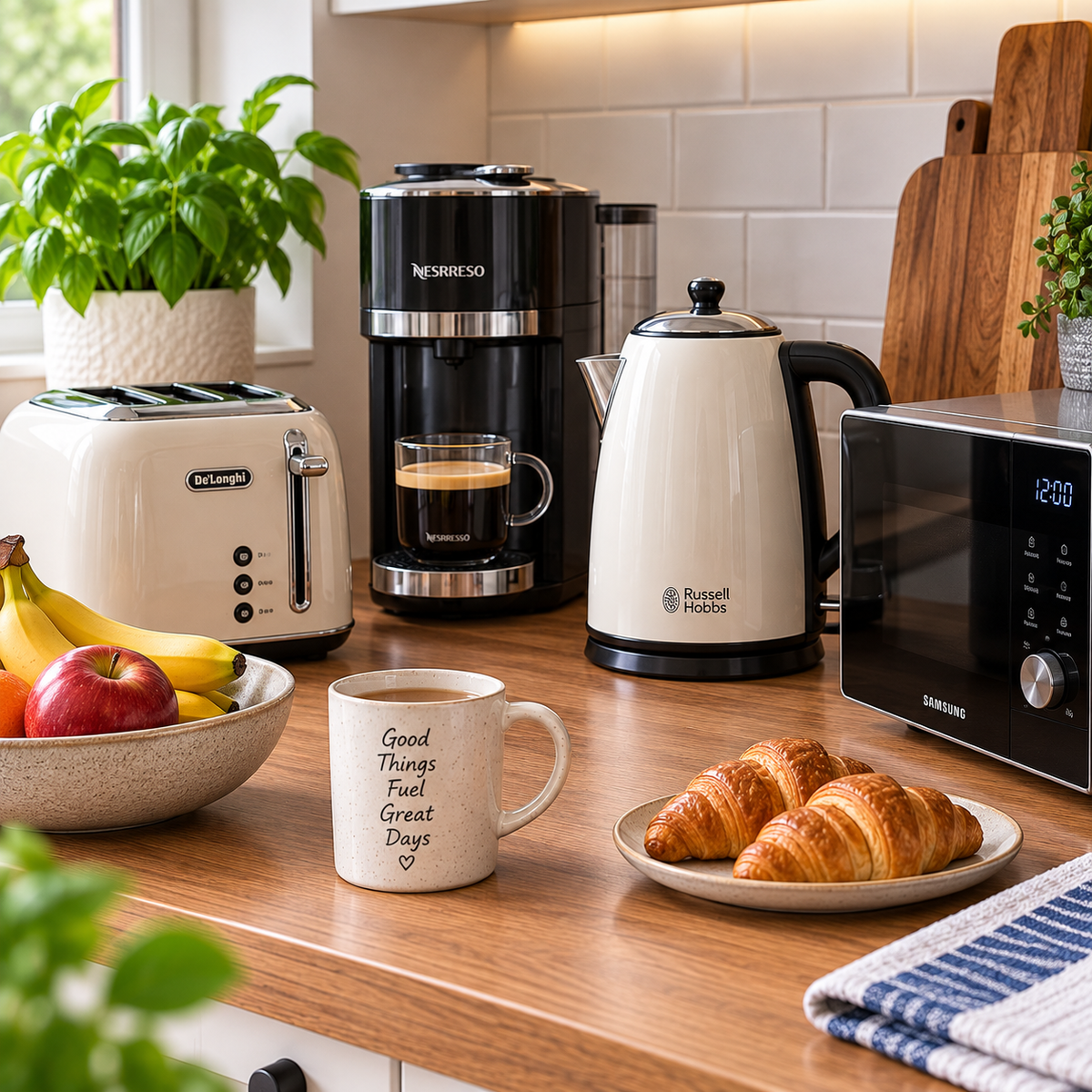 Preloved kitchen electrical appliances arranged on a warm modern kitchen worktop.