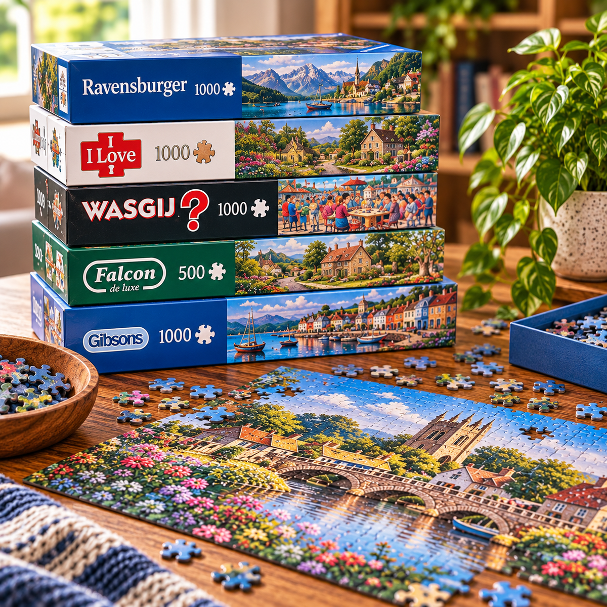 Preloved jigsaw puzzles and puzzle pieces displayed in a cosy home setting.