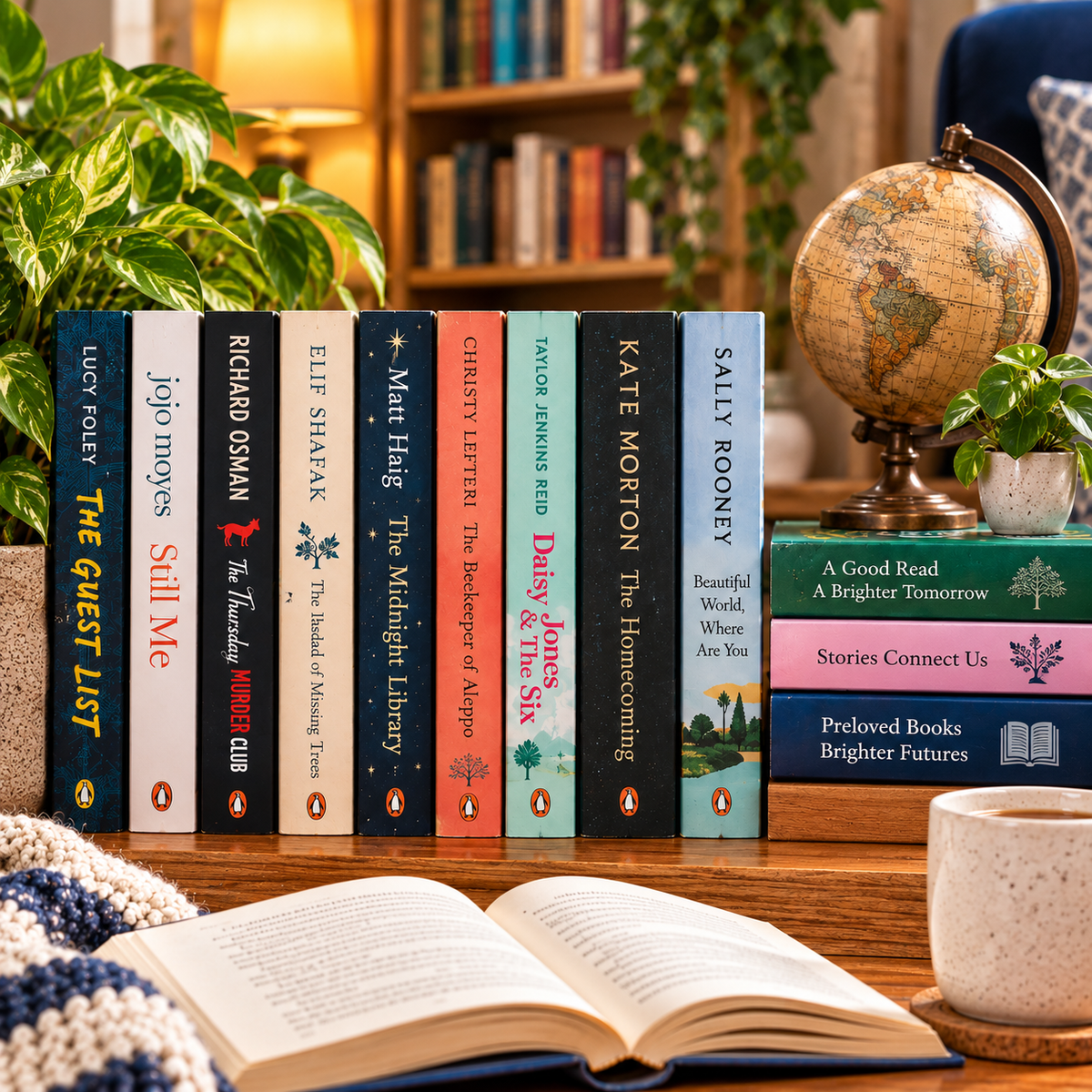 Preloved fiction books displayed on a bookshelf in a cosy reading setting.