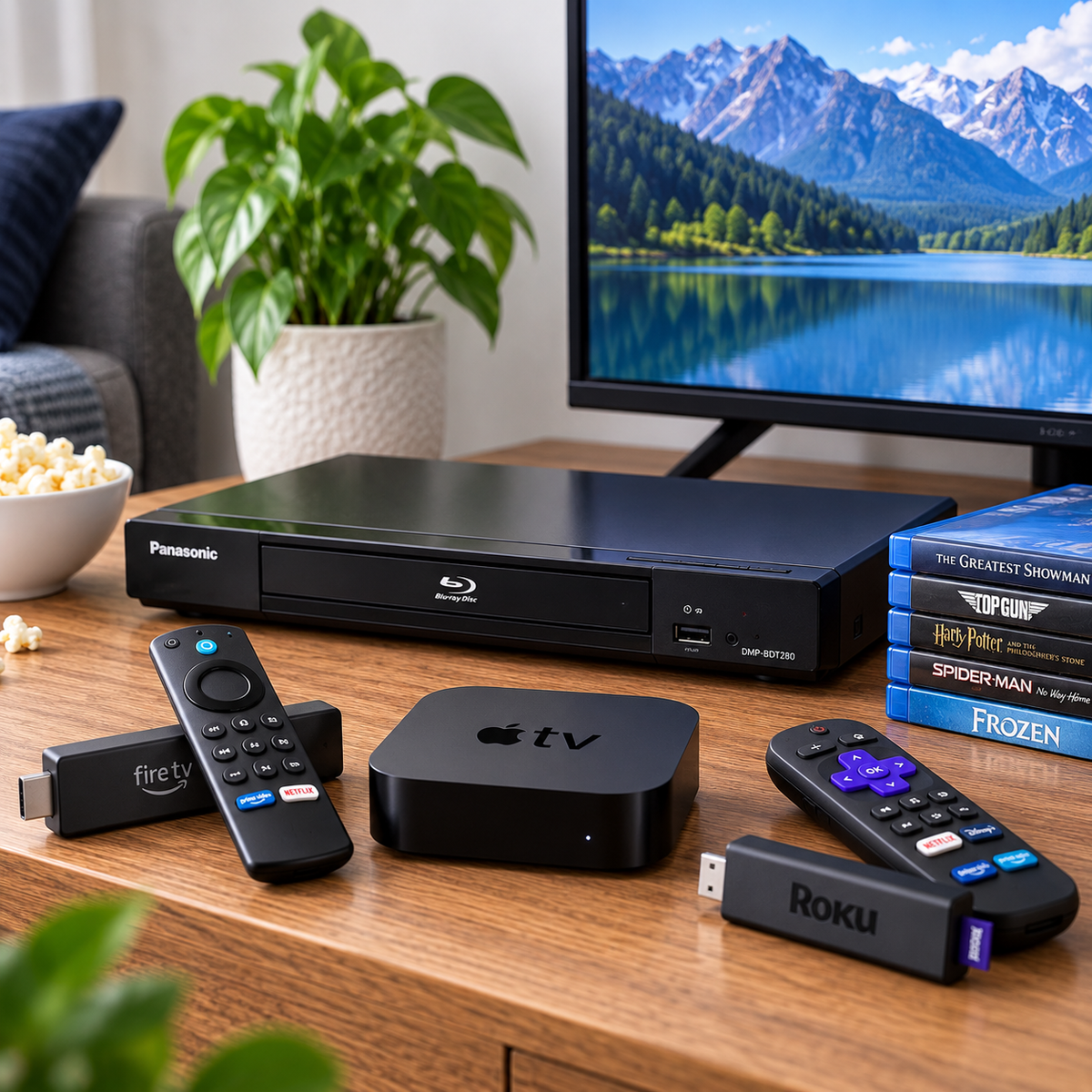 Preloved streaming devices, media players and home entertainment equipment displayed in a living room.