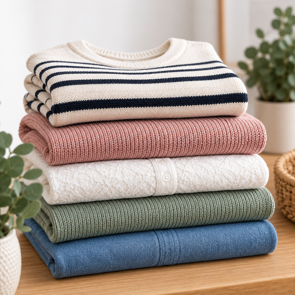 Preloved women’s tops and blouses arranged in a warm boutique-style setting.