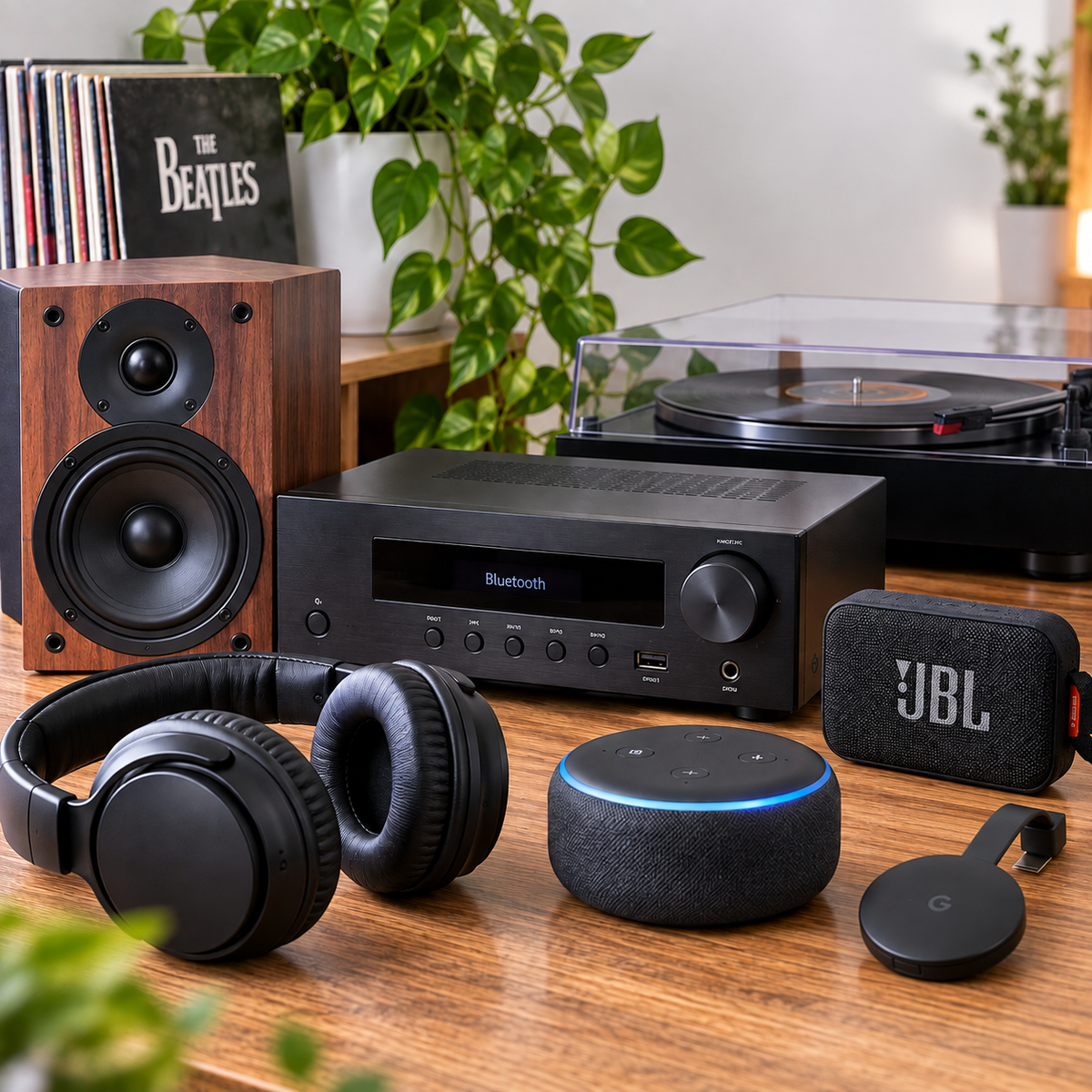 Preloved speakers, radios and home audio equipment displayed in a modern living space.