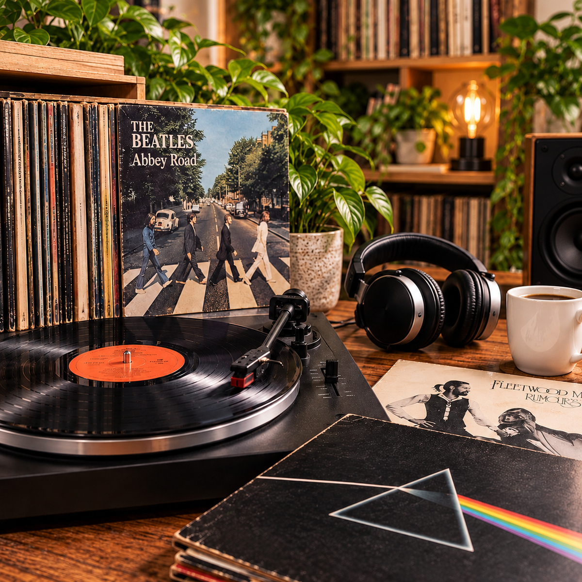 Preloved vinyl records and record player arranged in a warm retro listening space.