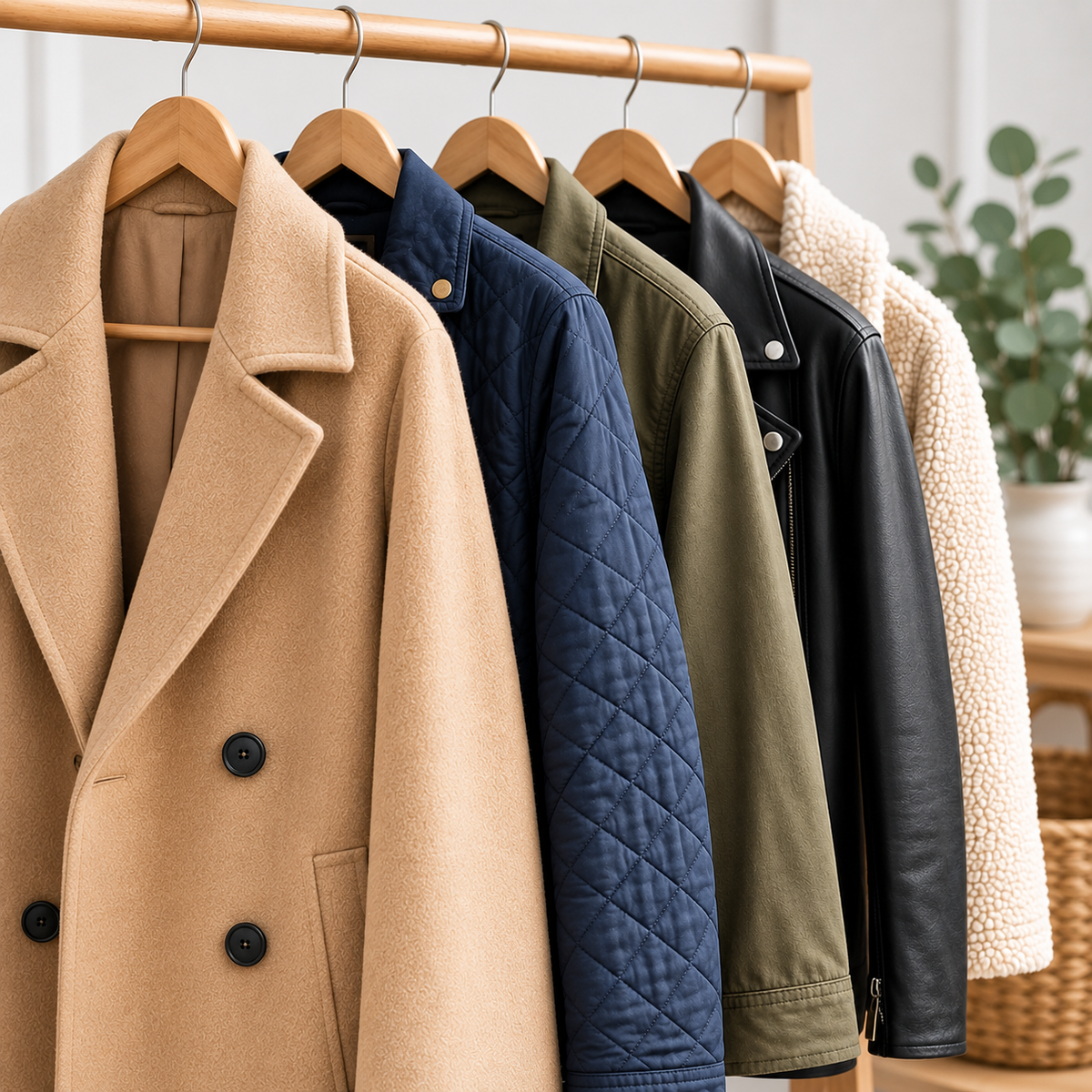 Preloved women’s coats and jackets displayed in a warm seasonal wardrobe setting.