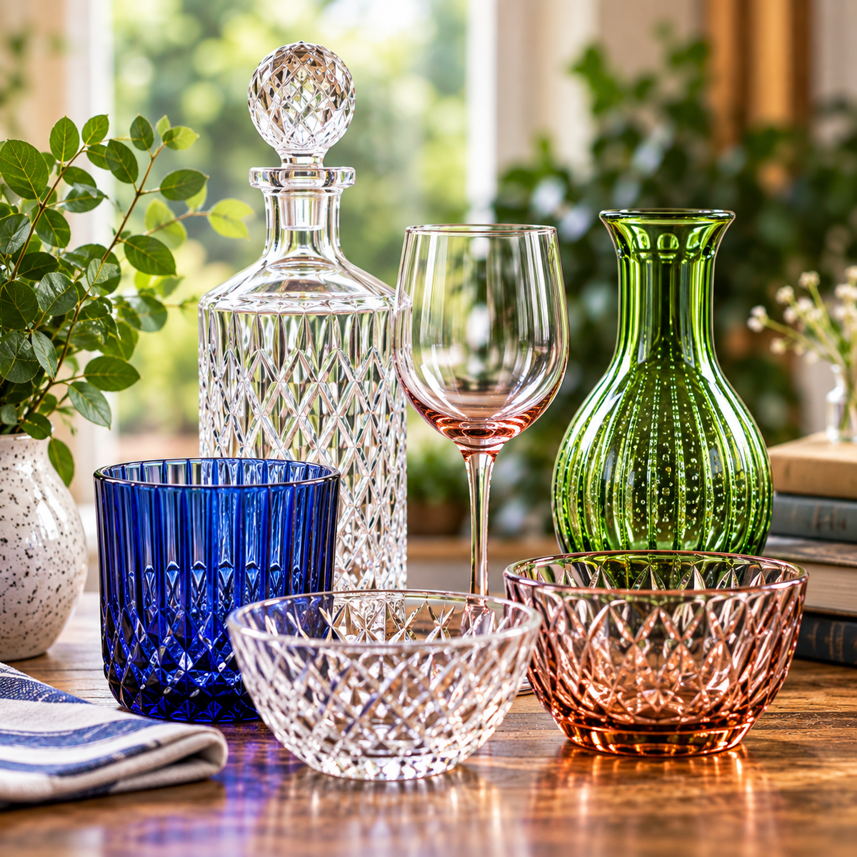 Preloved decorative and table glassware arranged in an elegant tabletop display.