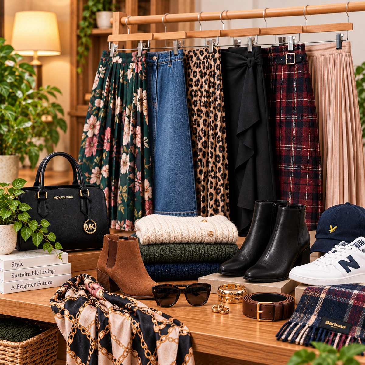 Preloved women’s skirts arranged in a warm fashion boutique setting.