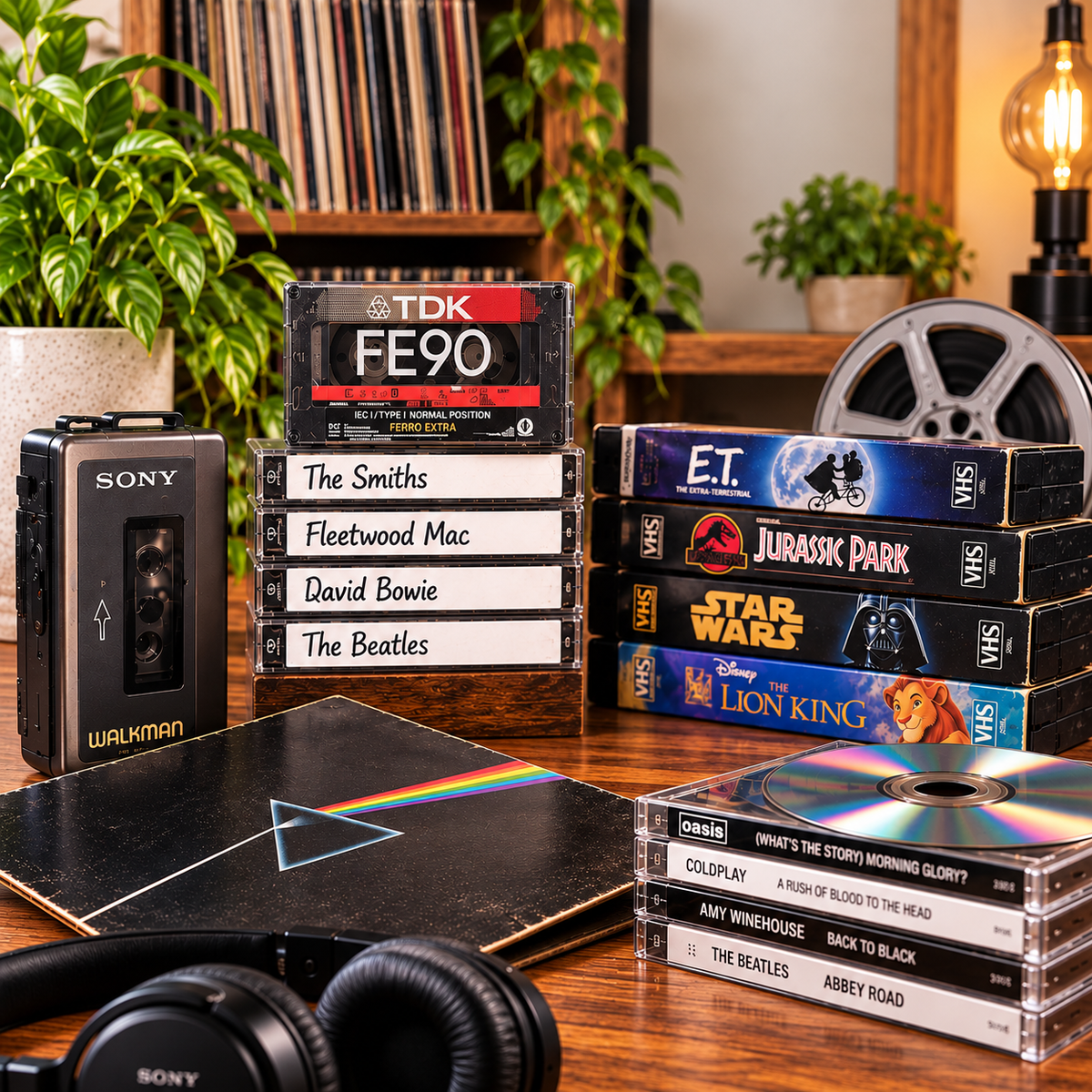 Vintage records, cassettes and other preloved media displayed in a nostalgic home setting.