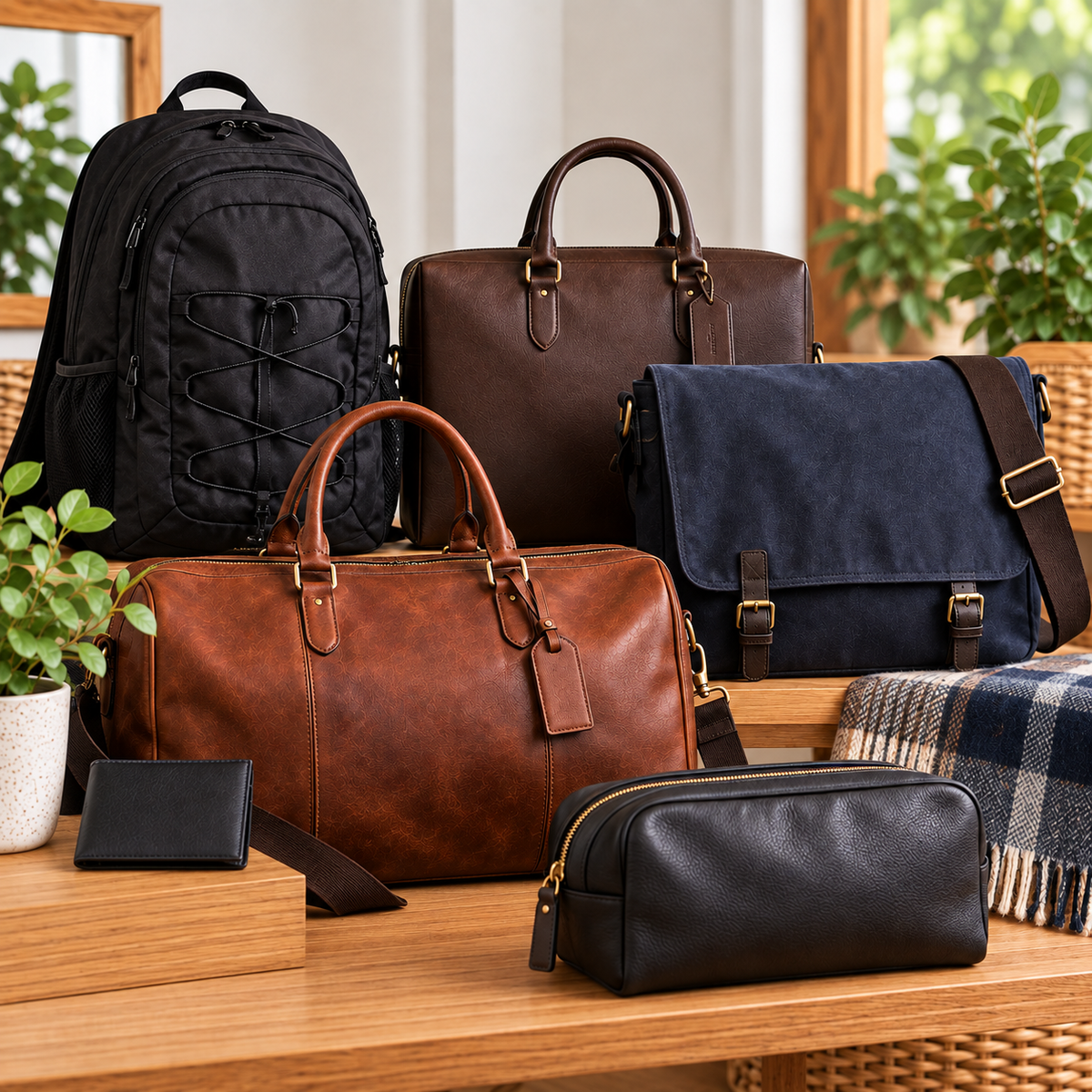 Preloved men’s bags and travel accessories displayed in a rustic boutique setting.