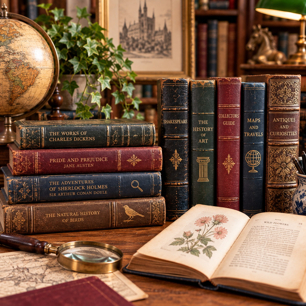 Vintage and collectable books displayed with traditional library accessories.