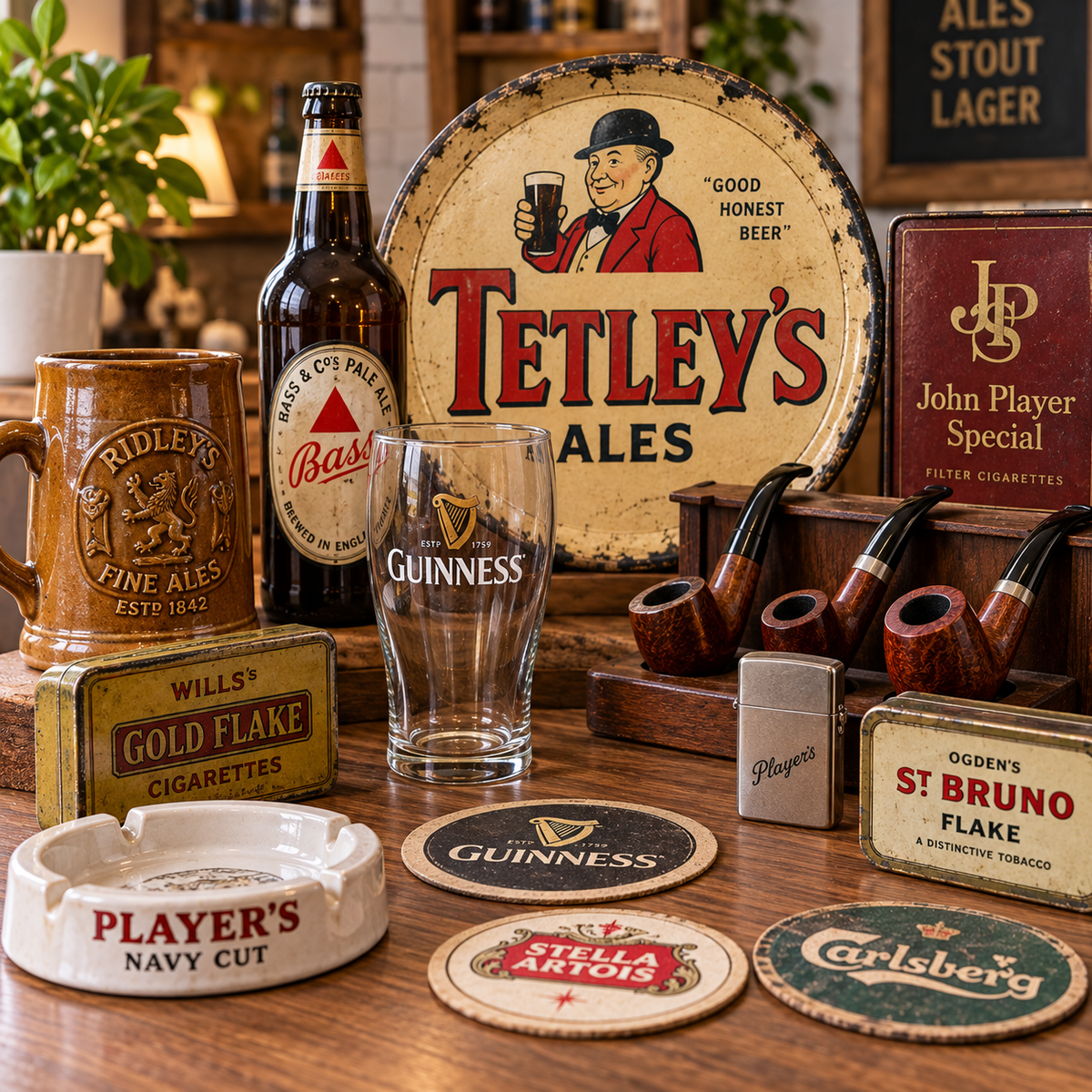 Vintage breweriana and tobacciana including advertising memorabilia, tins and collectable pub items.