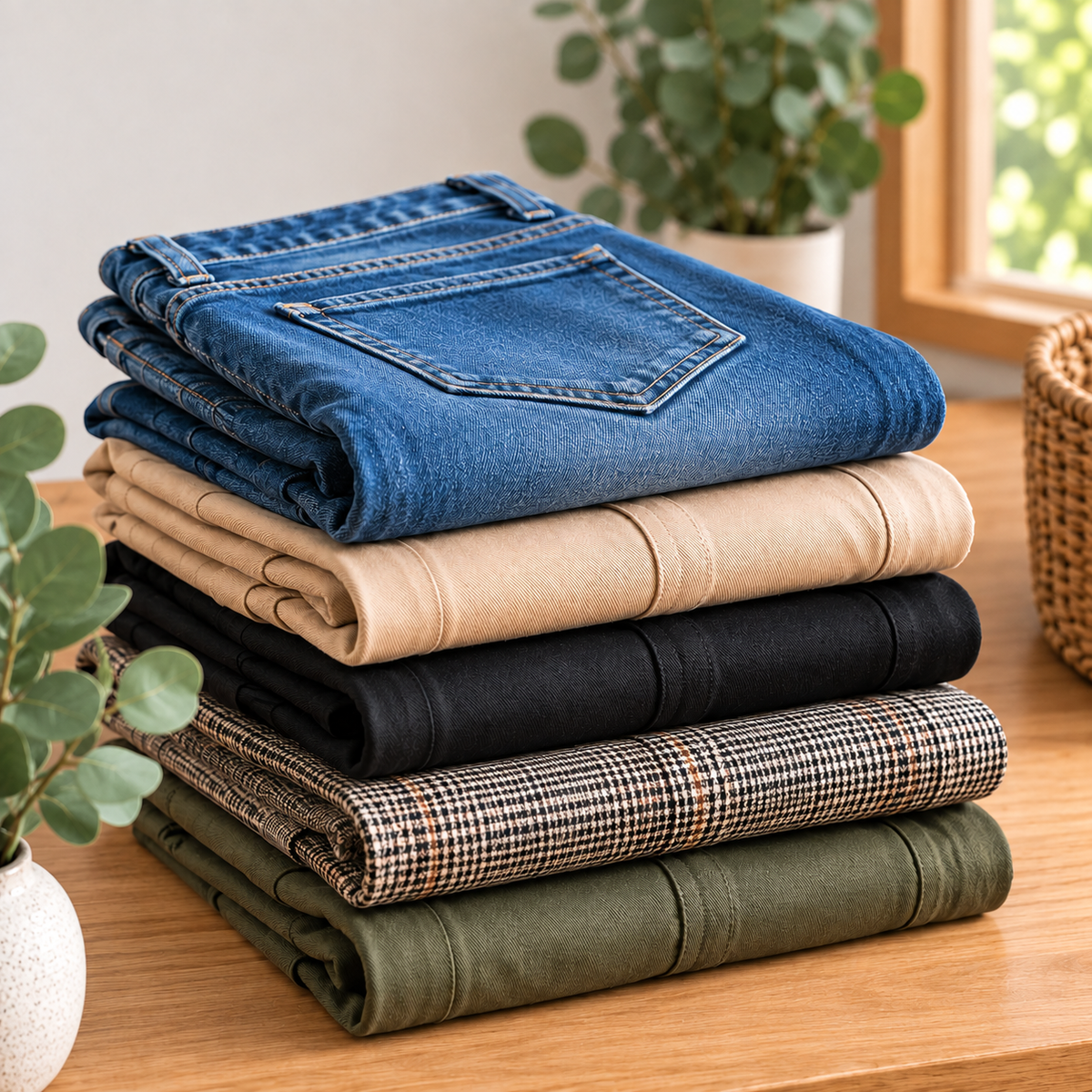 Preloved women’s trousers folded and displayed in a cosy fashion setting.