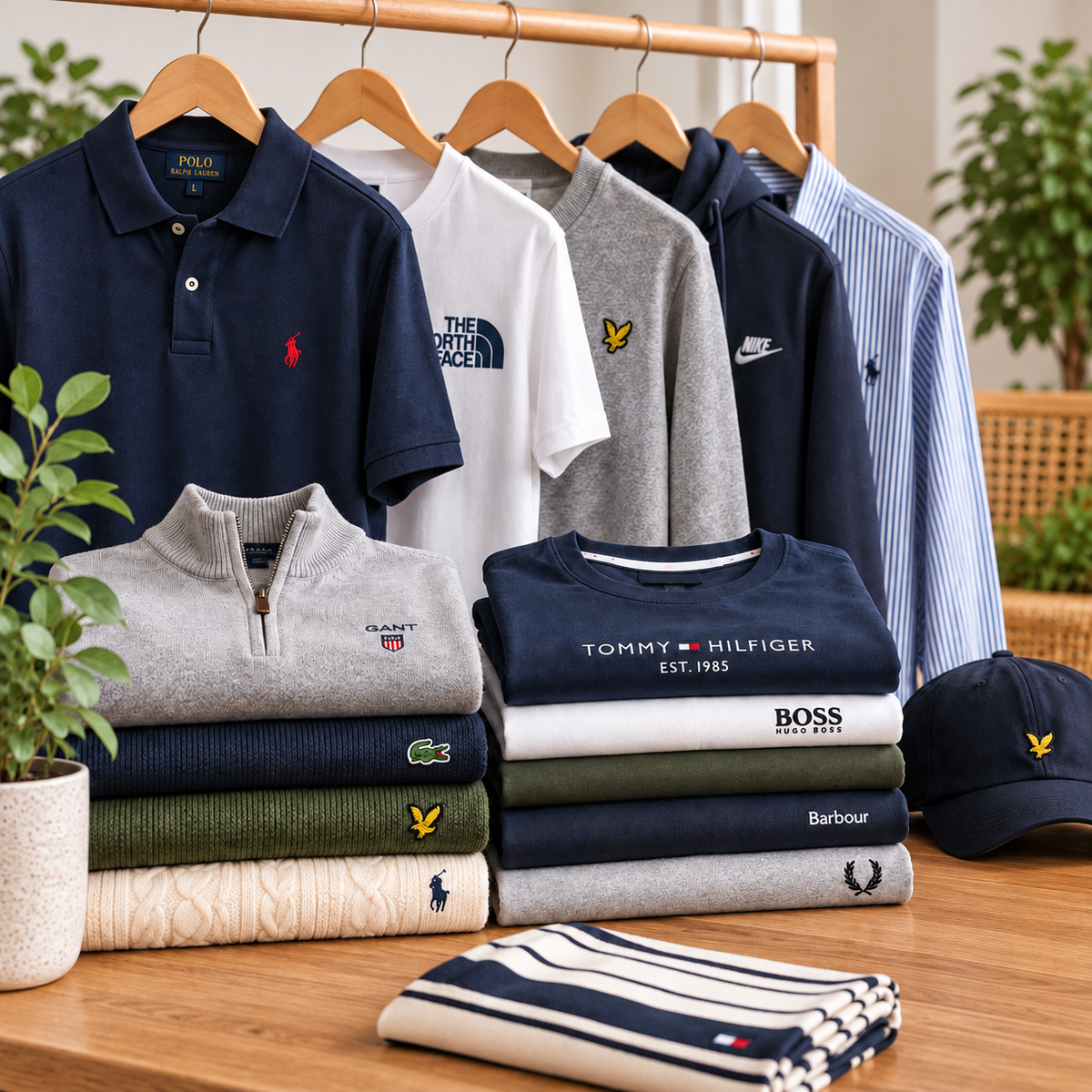 Preloved men’s shirts, knitwear and casual tops displayed in a boutique setting.