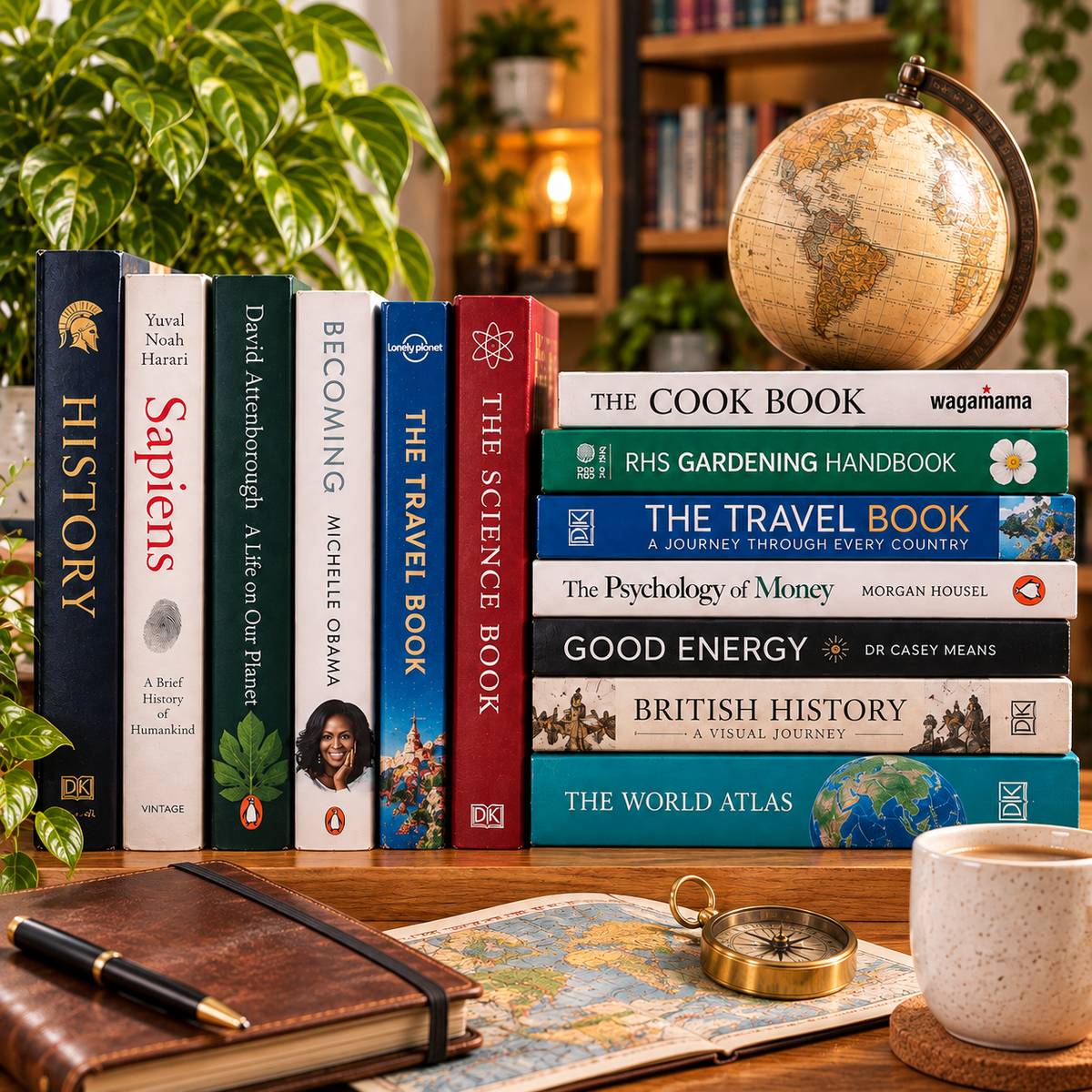 Preloved non-fiction books covering a variety of subjects arranged in a warm reading setting.