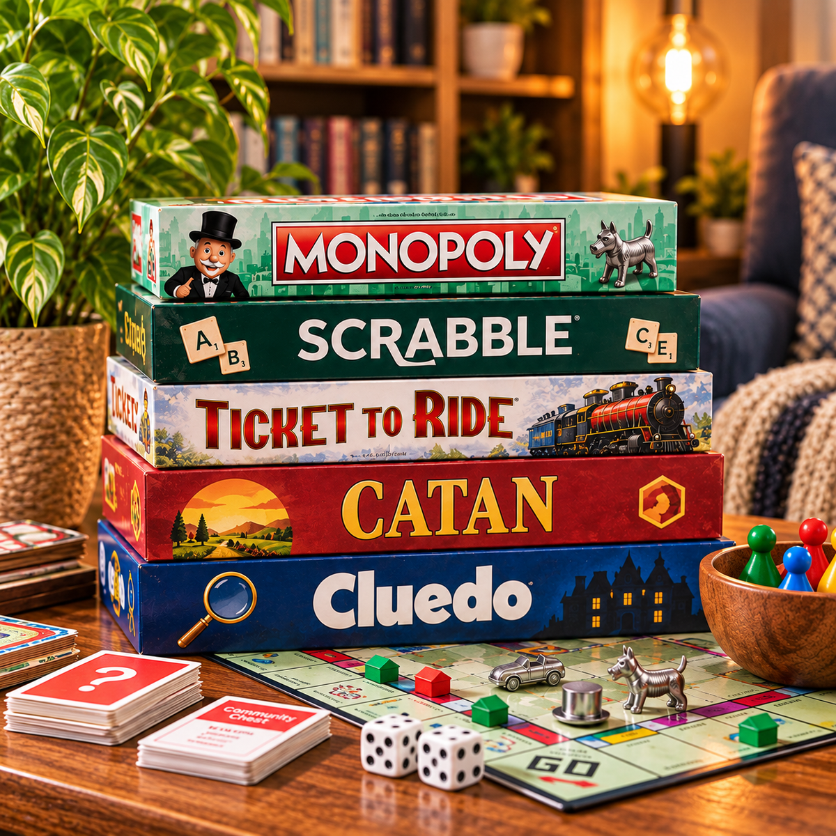 Preloved board games arranged for a cosy family games night.