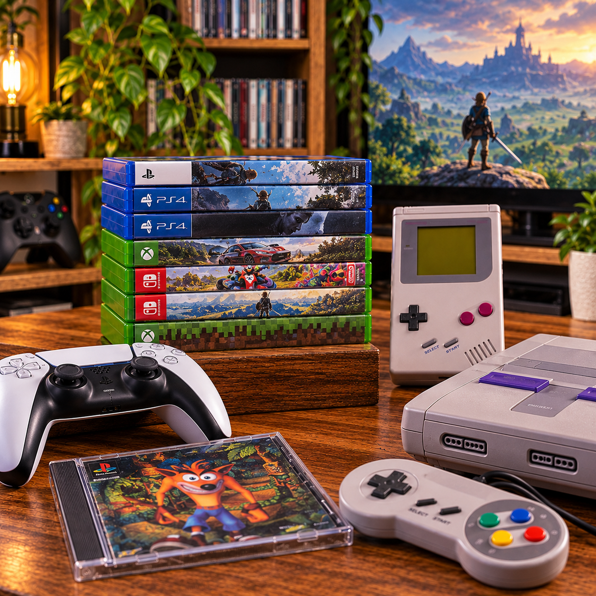 Preloved video games and gaming accessories displayed in a retro gaming setting.
