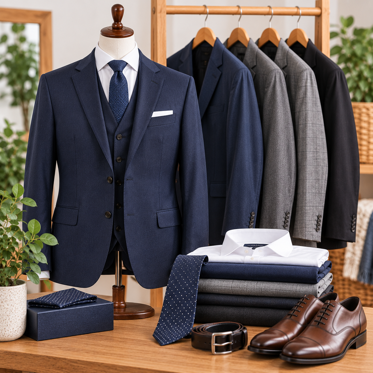 Preloved men’s suits and formalwear displayed in an elegant menswear setting.