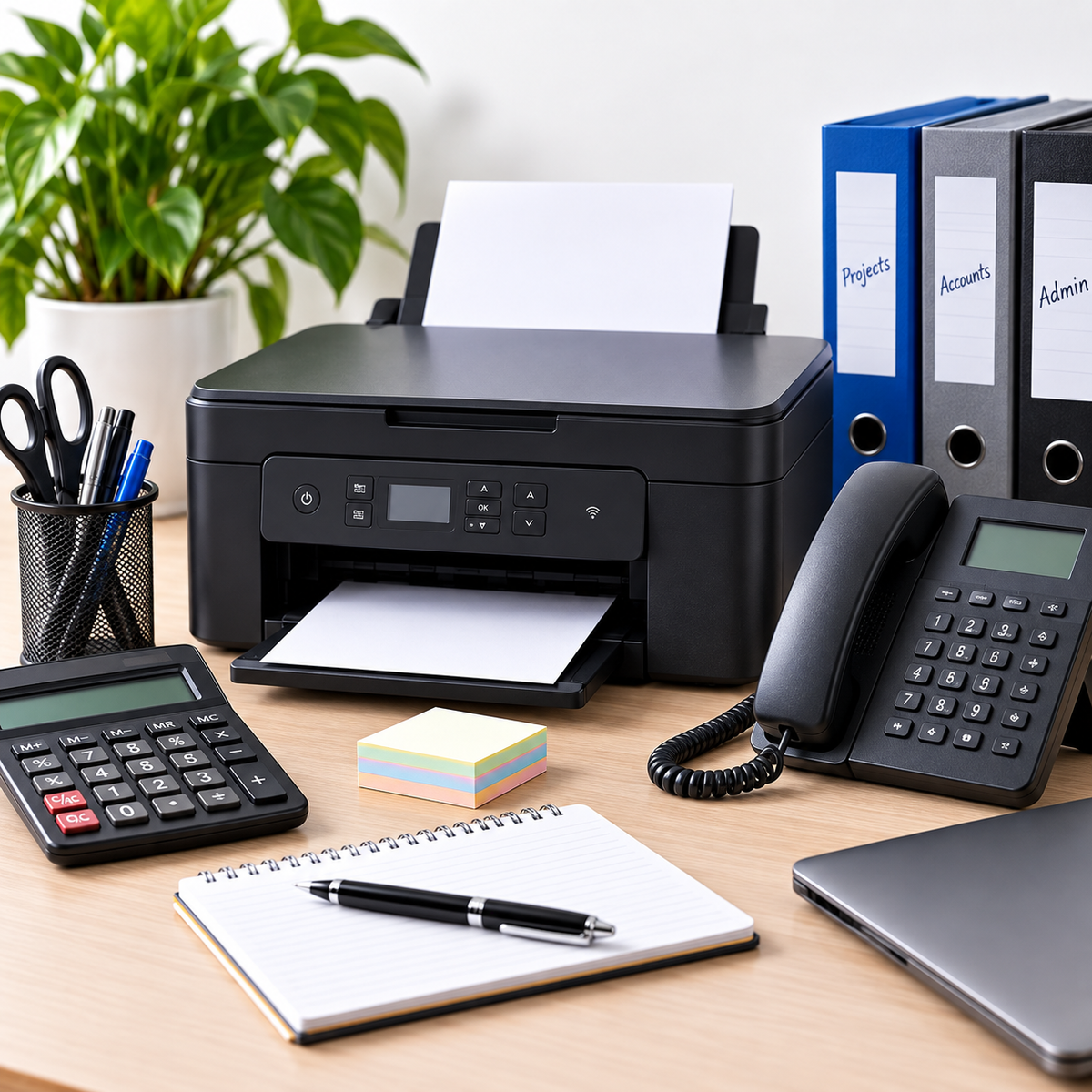 Preloved printer and office electrical equipment arranged in a modern workspace.