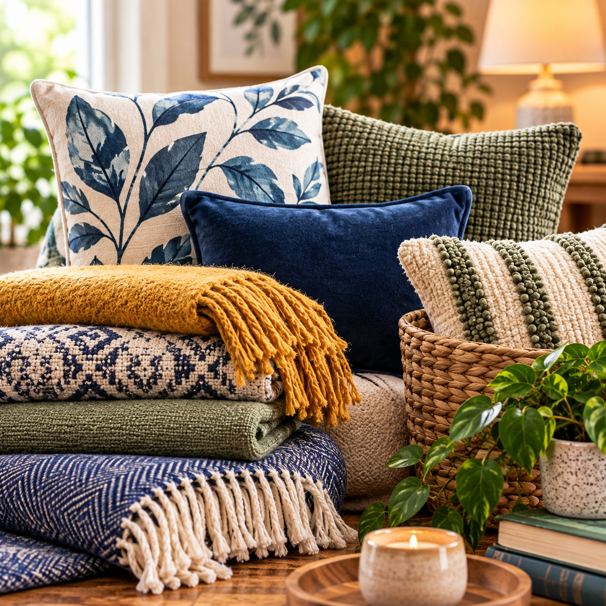Preloved cushions, throws and other soft furnishings arranged in a cosy home setting.