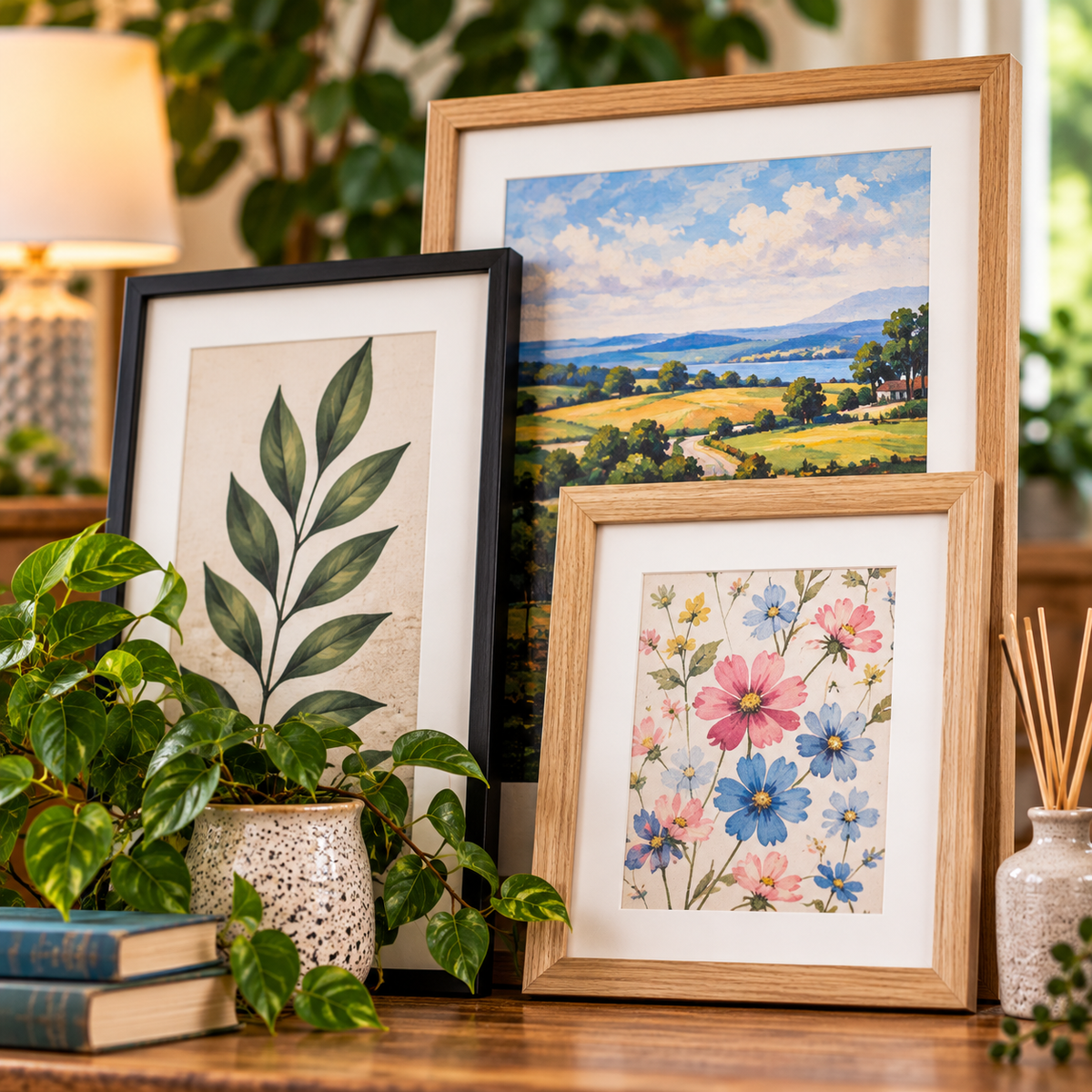 Preloved framed paintings and prints displayed in a warm home interior.