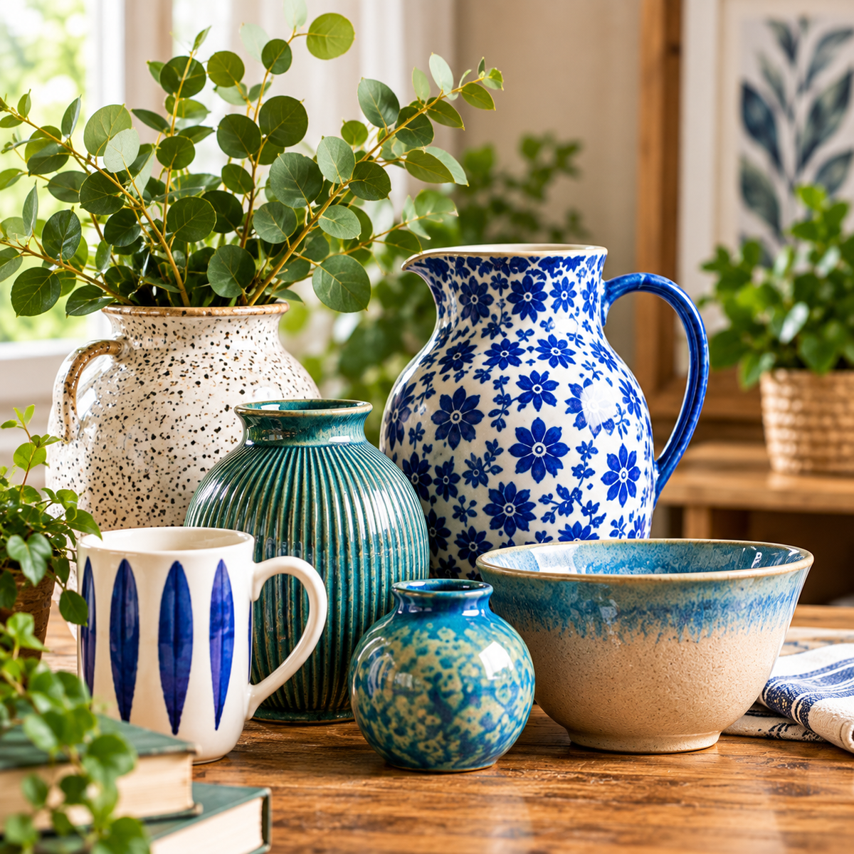 Preloved ceramic vases, bowls, jugs and decorative pottery displayed in a cosy home setting.