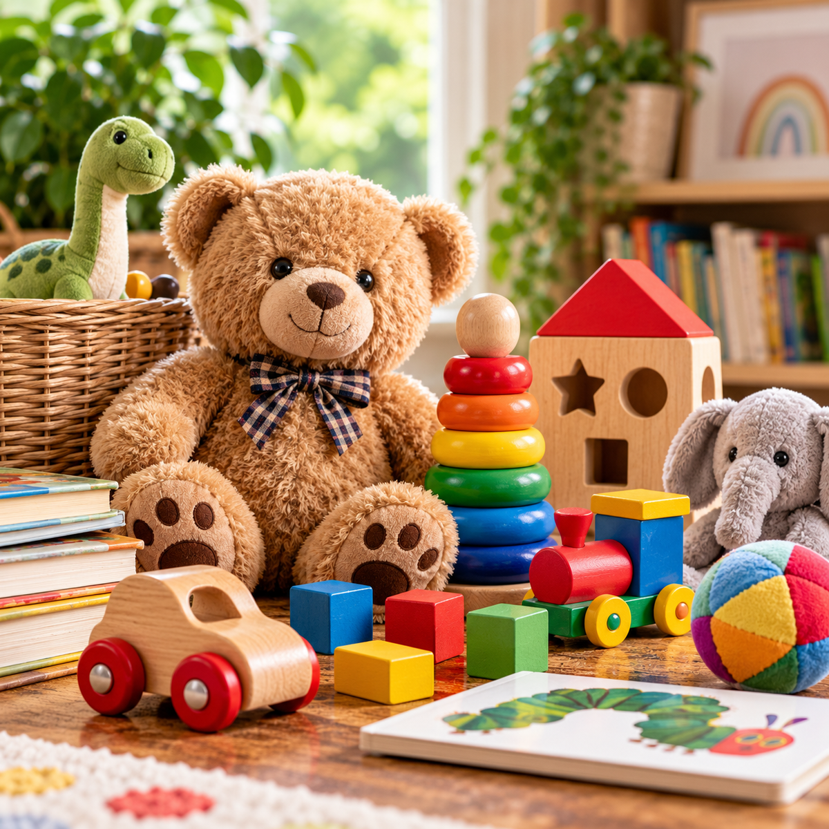 Colourful selection of preloved toys displayed in a bright and welcoming playroom.