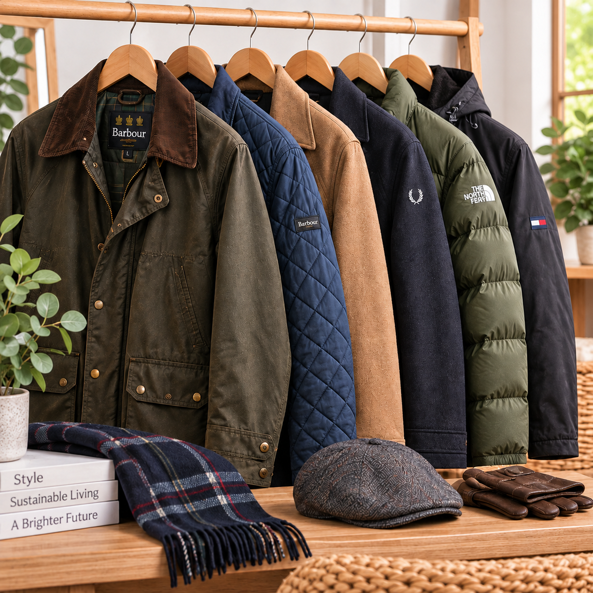 Preloved men’s coats and jackets displayed with seasonal accessories.
