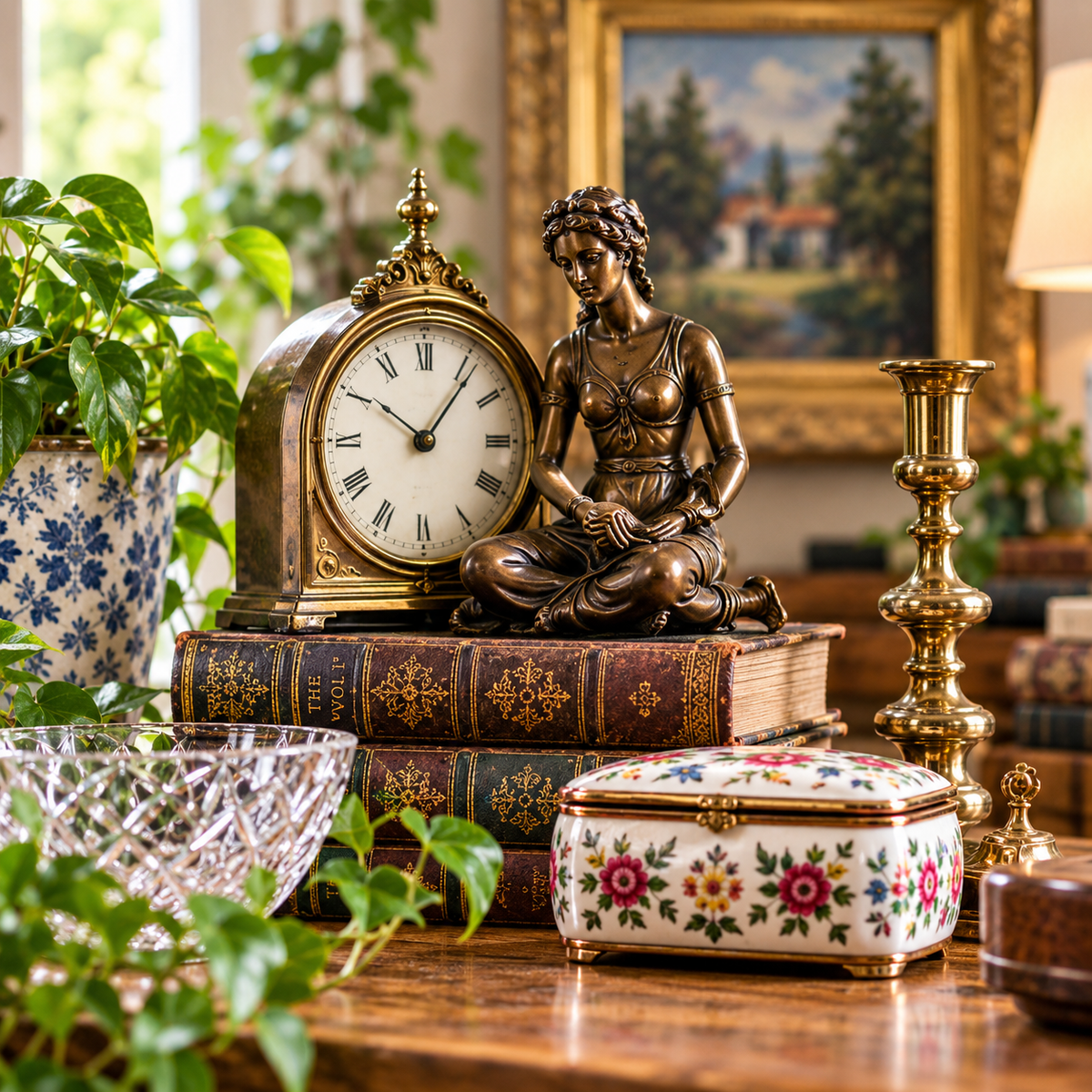 Preloved antiques and vintage decorative pieces displayed in a traditional collector’s setting.