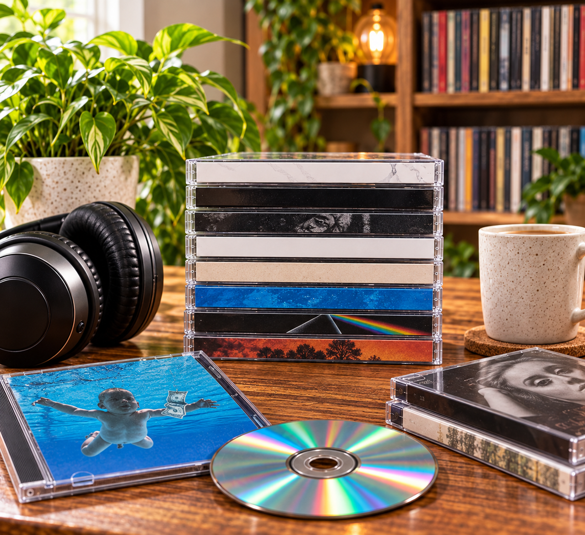 Preloved music CDs arranged in a cosy home listening setting.