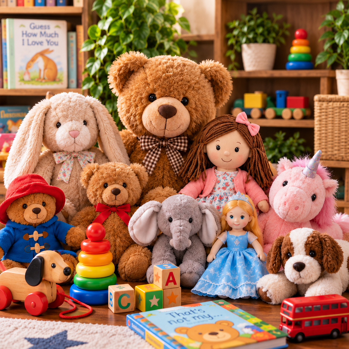 Preloved dolls, teddy bears and soft toys arranged in a warm playroom setting.