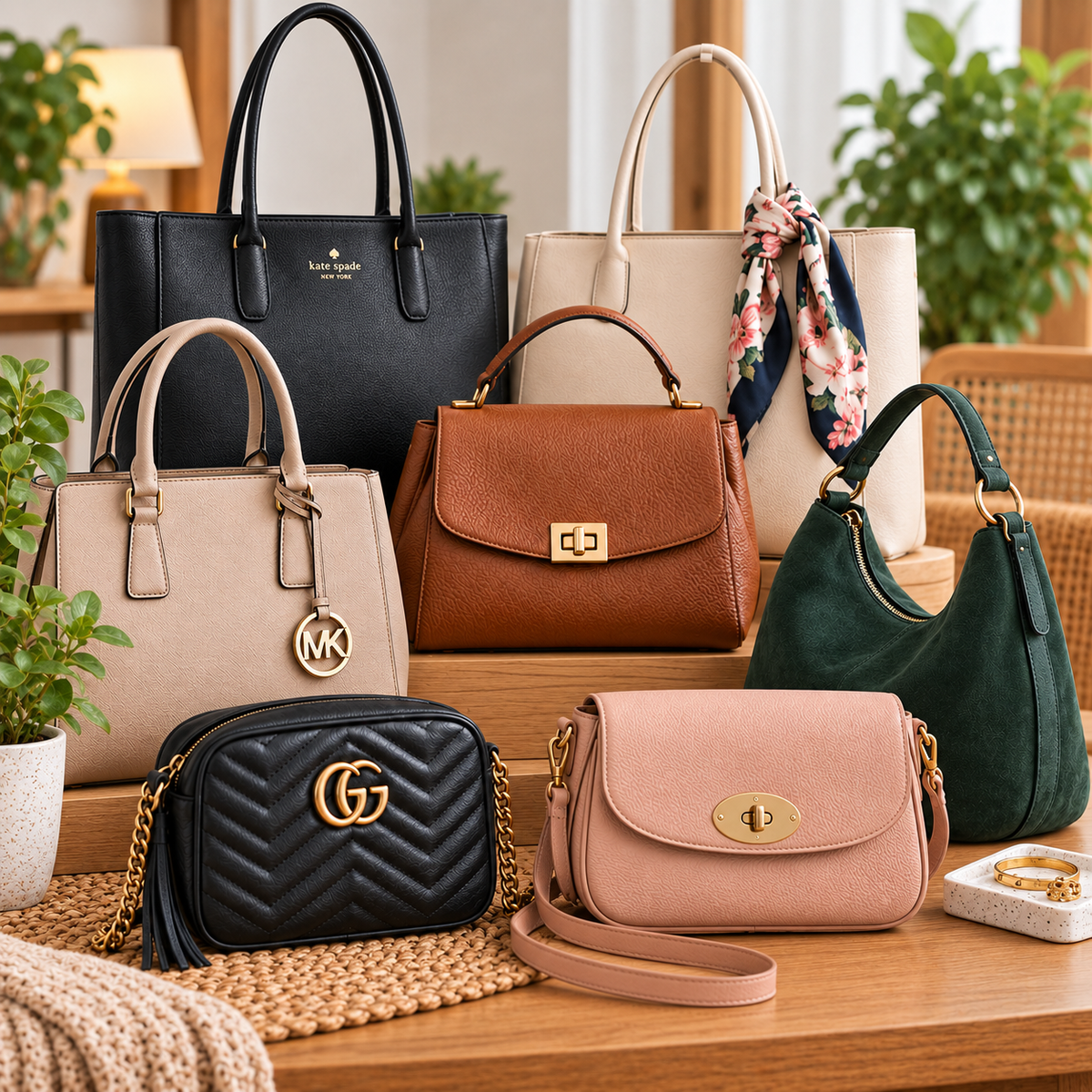 Preloved handbags displayed in an elegant boutique-style setting.