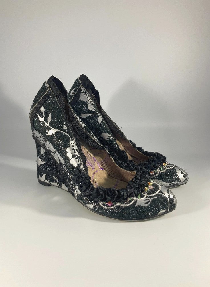 Irregular Choice - Women's UK Size 5, Black and Silver 'Courtesan' Wedge Heels