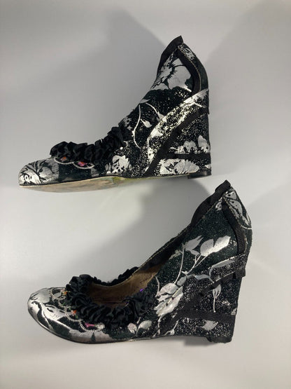 Irregular Choice - Women's UK Size 5, Black and Silver 'Courtesan' Wedge Heels