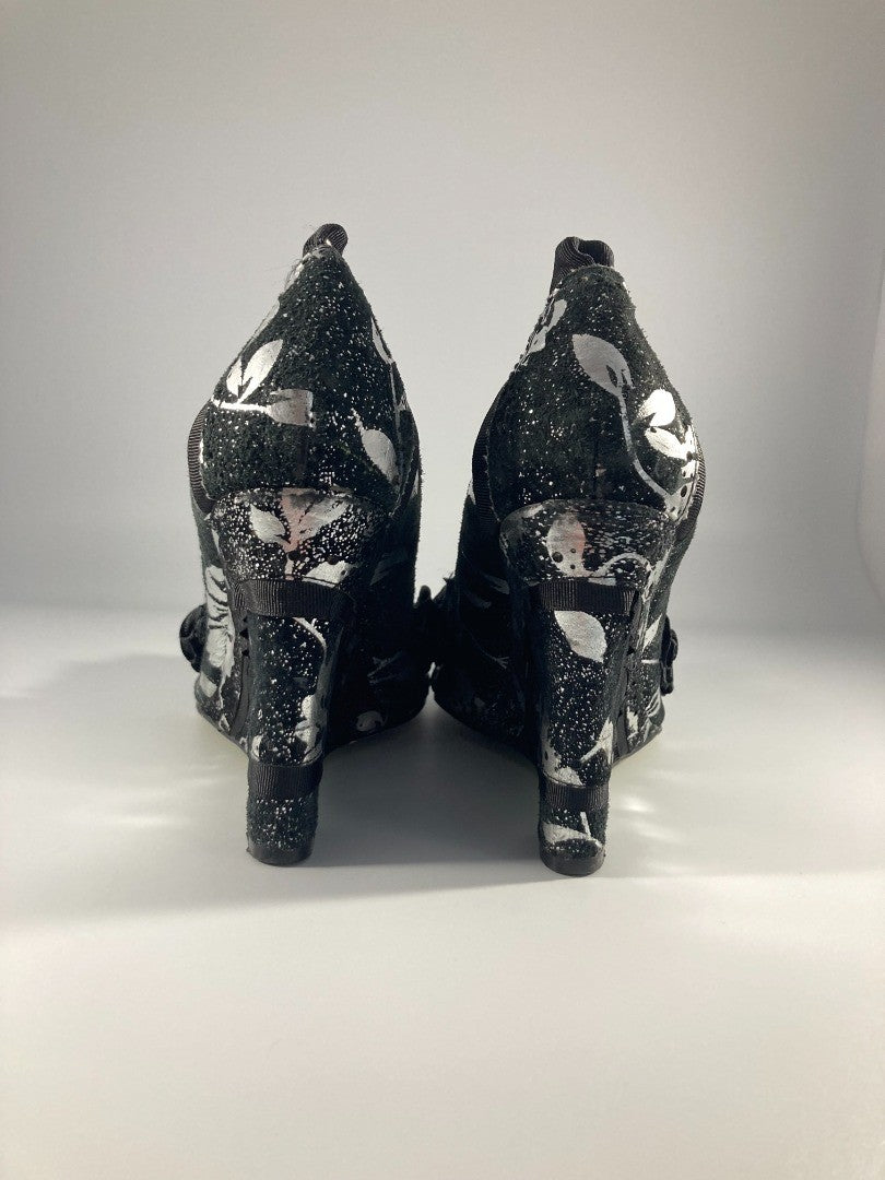 Irregular Choice - Women's UK Size 5, Black and Silver 'Courtesan' Wedge Heels