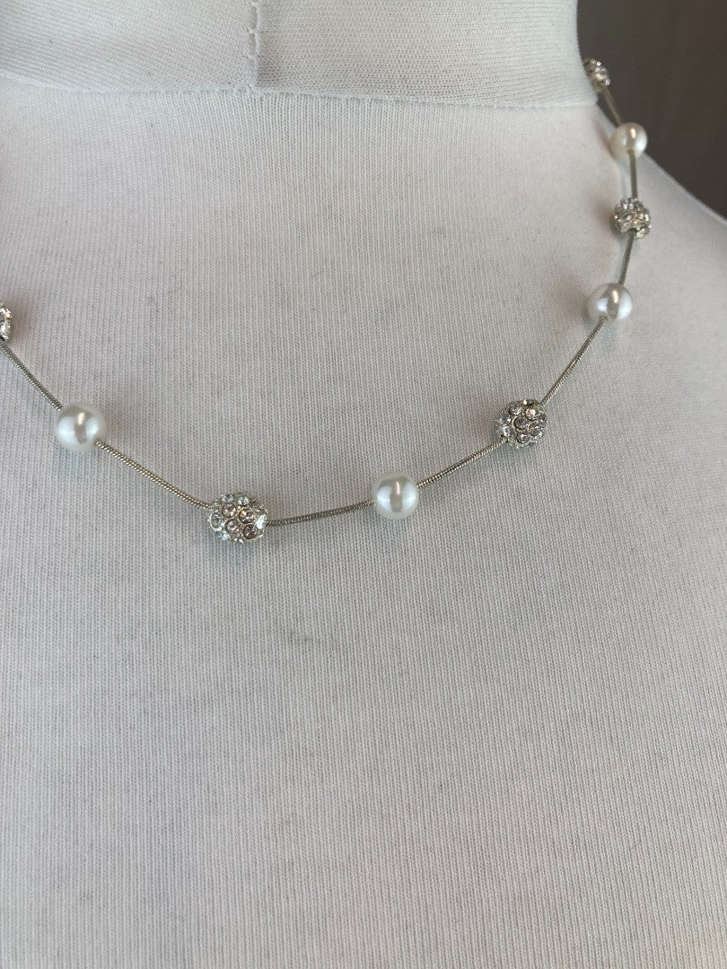 Anne Klein - Women's Silver Tone, Diamante and Faux Pearl, Beaded Necklace