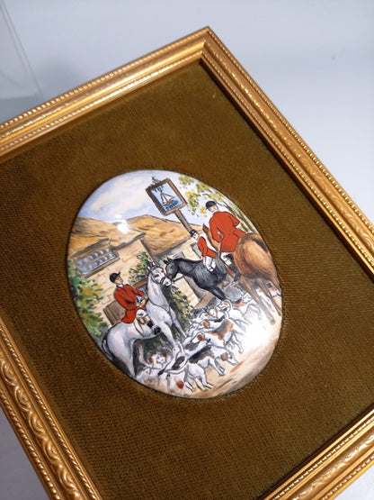 Genuine Hand Painted Enamel Miniature Mounted & Framed Hunting Scene - W. Godwin