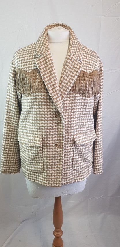 ICHI Ladies Beige & White   Blazer with Tassels  Size 12 BNWT