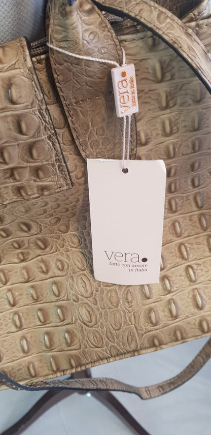 Vera, Faux Croc Skin, Beige Leather Handbag - Made in Italy BNWT