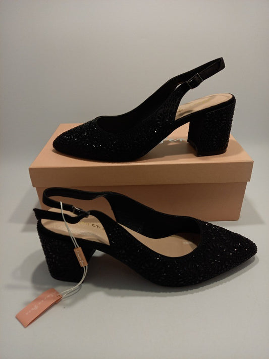 Alma en Pena Black Beaded Satin Heeled Sandals - Size UK 5.5