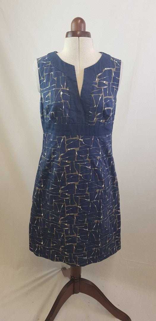 Boden Size 12R Blue/Grey/White 100% Cotton Lined Dress VGC