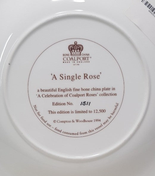 Coalport Fine Bone China Plate - A Single Rose Collector plate 1511 Edition No