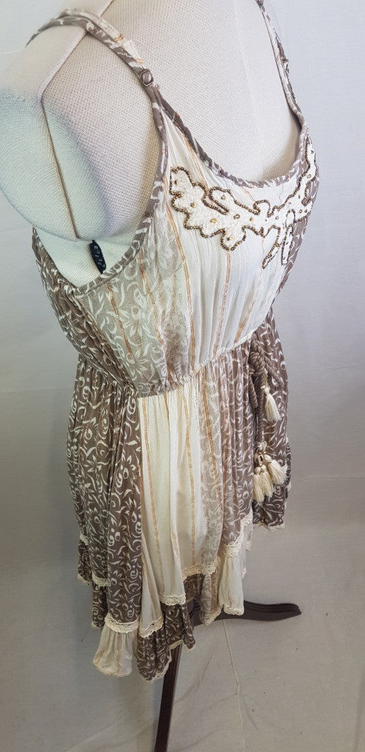 BoHo Madrid Floaty Brown/Beige Summer Dress, Handmade Size S BNWT