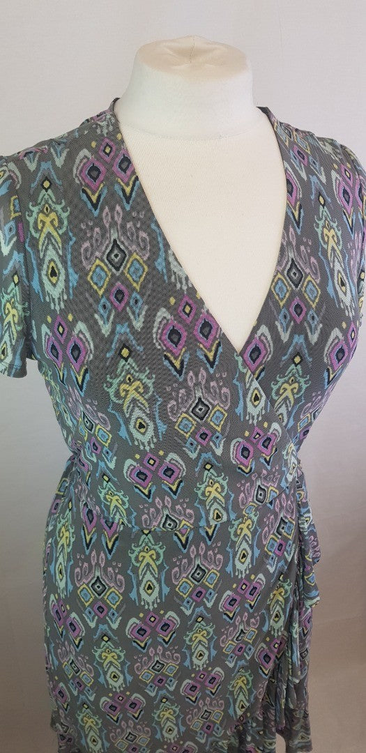 Hush Jersey Frill Black & Colourful Abstract Wrap Dress Size 12 BNWT