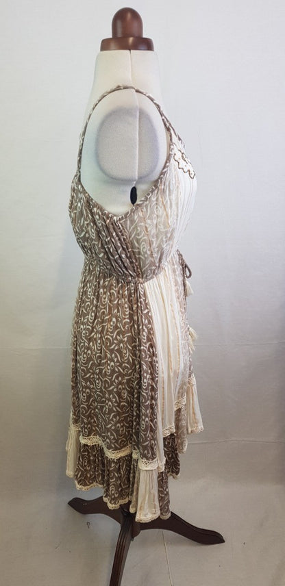 BoHo Madrid Floaty Brown/Beige Summer Dress, Handmade Size S BNWT