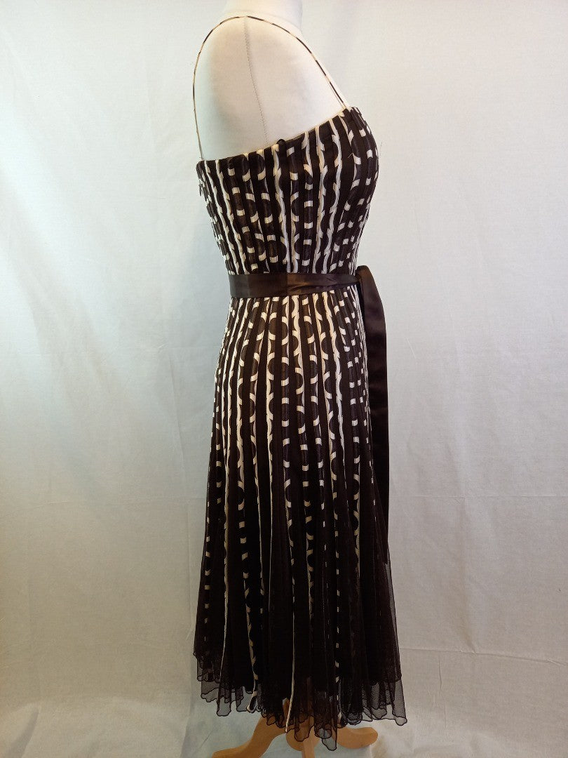 Phase Eight Brown Striped Mesh & Satin Occasion Dress - Size 12